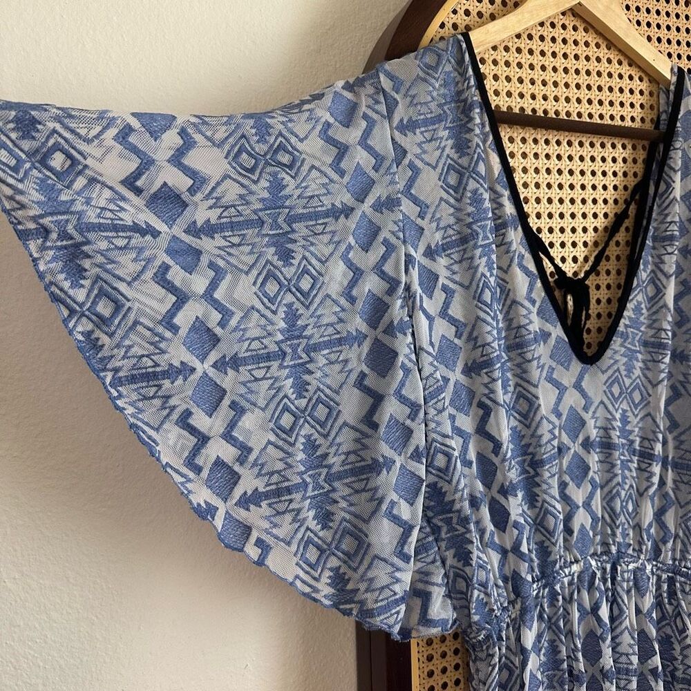 Nidodileda Sheer Jacquard Geometric Print Blue Maxi Dress Sz L Greece Made - Picture 6 of 12
